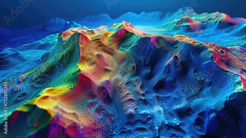 hydrographic terrain map of the ocean floor, red, yellow, green, blue, mapping highs and low points, high definition, realistic, 
