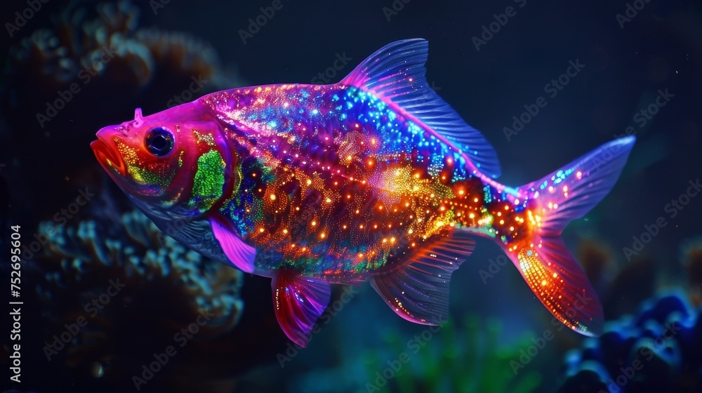 A vibrant rainbowcolored fish glows in the darkness its body adorned with dazzling lights that illuminate the surrounding waters. A vibrant rainbowcolored fish glows in the darkness its body adorned with dazzling lights that illuminate the surrounding waters.