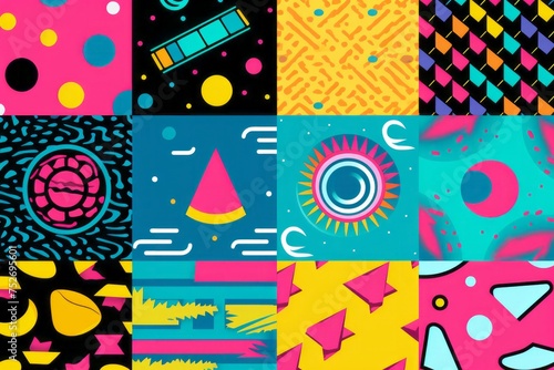 Transport your design to the heyday of the 90s with a collection of seamless patterns background, showcasing retro graphics and bold hues, Generative AI photo