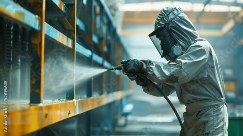 Portrait of a worker doing spray painting with wearing safety costume and a big blurry backdrop and space for text or product, Generative AI. photo