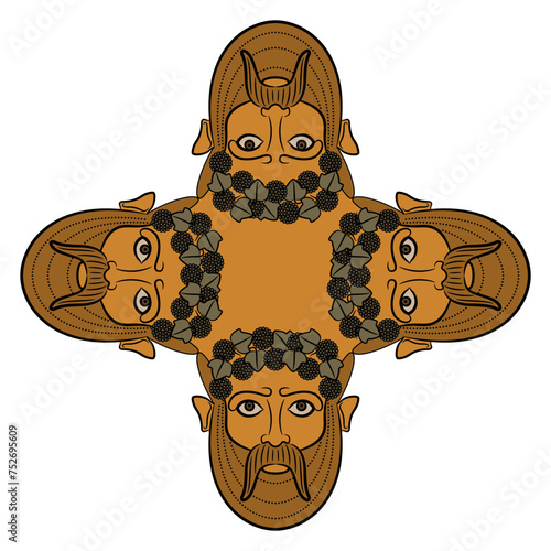 Square cross shape design with four antique masks of god Bacchus. Bearded horned male faces wearing grape wreaths. Vase painting style. Isolated vector illustration.