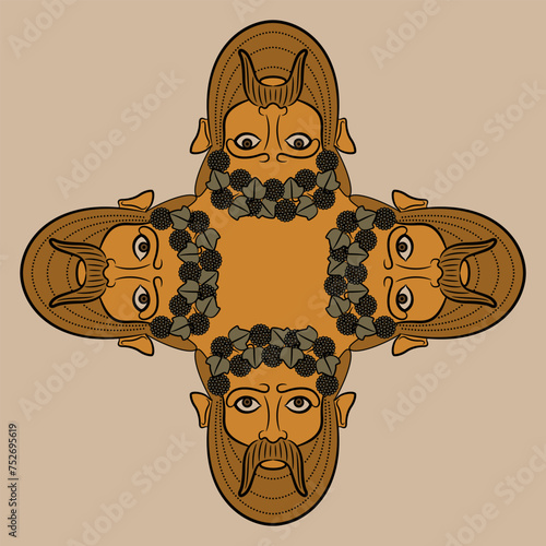 Square cross shape design with four antique masks of god Bacchus. Bearded horned male faces wearing grape wreaths. Vase painting style.