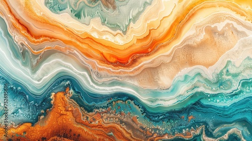 abstract fluid art design. The artwork should have a desert palette of sand beige, terra cotta, and sunset orange, set off by veins of turquoise