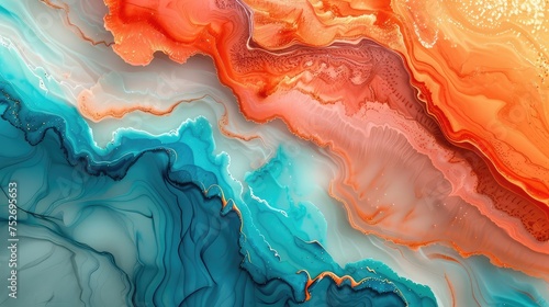 abstract fluid art design. The artwork should have a desert palette of sand beige, terra cotta, and sunset orange, set off by veins of turquoise photo