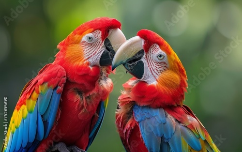 Intimate Perching, Scarlet Macaws Amidst a Green Backdrop