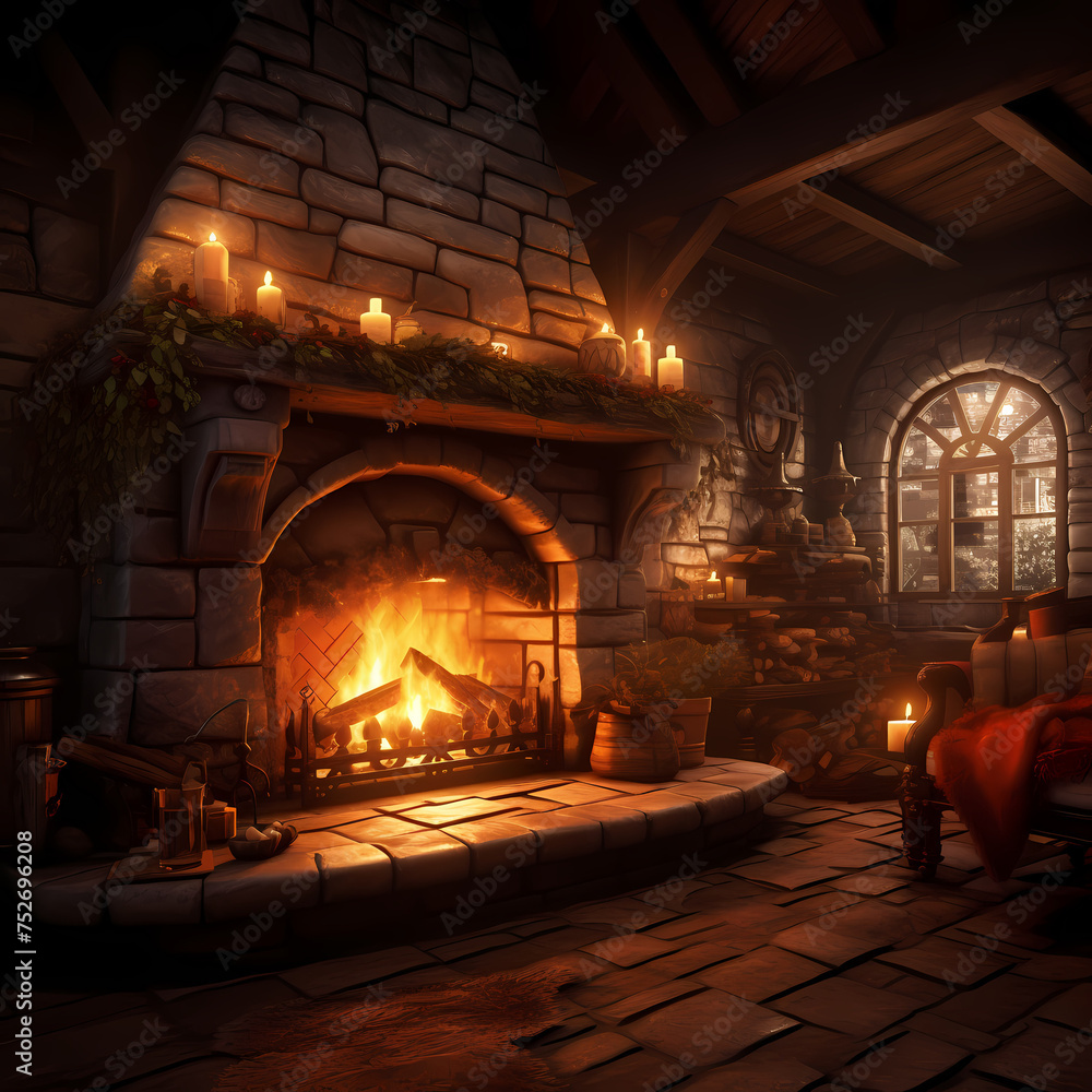 A cozy fireplace with a crackling fire. 