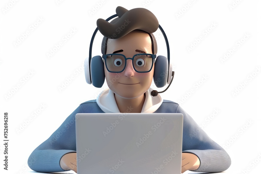 Cartoon character, a man wearing glasses and headphones, focused on his laptop screen while working remotely, on isolated white background, Generative AI Cartoon character, a man wearing glasses and headphones, focused on his laptop screen while working remotely, on isolated white background, Generative AI