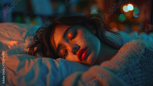 Portrait of a young woman sleeping soundly in bed under warm, soft light.