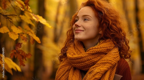 A thoughtful redhead woman with a scarf lost in the beauty of the yellow autumn leaves.