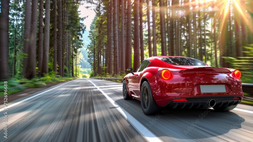 Fototapeta premium Luxury red sports car driving fast on a forest road with motion blur and sun flare.