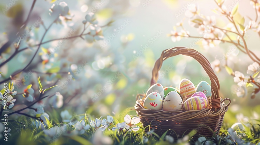 Decorated Easter eggs concealed in a rustic basket amidst a blooming spring garden, with a serene glow. Decorated Easter eggs concealed in a rustic basket amidst a blooming spring garden, with a serene glow.