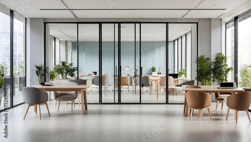 An inviting, empty office environment, highlighted by open glass doors and neatly arranged furniture Generative AI © Haroon