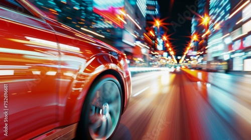 Motion blurred image of a red car racing through a vibrant city at night with neon lights.