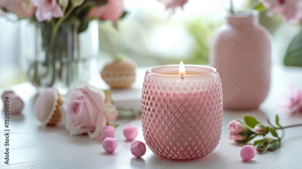 A pink scented candle burning calmly among fresh roses and rose petals on a white table.