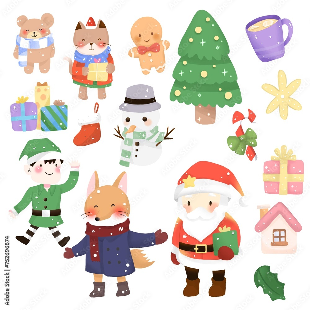 Christmas Festive Icons with Santa Claus, Cartoon Elves, Snowmen, and Holiday Decorations in a Seamless Vector Pattern, Perfect for Winter Celebrations and New Year's