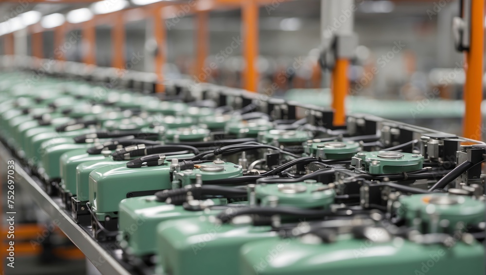 Close-up perspective of electric vehicle battery cells on a mass production assembly line Generative AI - obrazy, fototapety, plakaty 