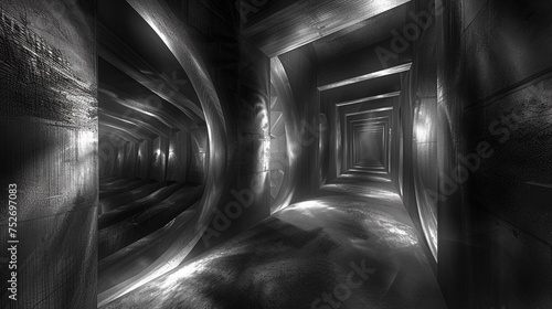 Intriguing virtual labyrinth of corridors and chambers, illuminated by soft ambient light, ready to challenge the mind.
