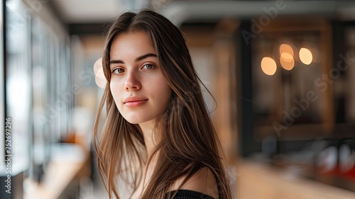 wide angle shot, full body, attractive woman, brown hair, in a bright office, in the style of detailed facial features, cecilia beaux, close-up shots, copy space - generative ai