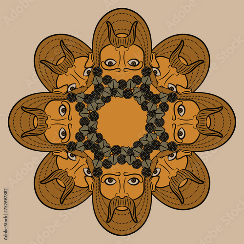 Round ethnic mandala with antique masks of god Bacchus. Bearded horned male faces wearing grape wreaths. Vase painting style.