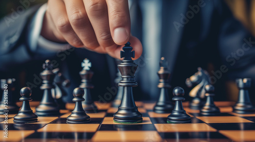 Strategic businessman in suit moving chess figure on chessboard