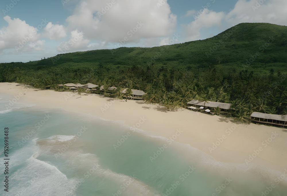 Aerial view of a tropical beach with lush greenery and resort huts along the shoreline. Aerial view of a tropical beach with lush greenery and resort huts along the shoreline.