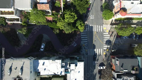 San Francisco USA, Top Down Aerial View of Famous Lombard Street, Hairpin Turns, Traffic and Buildings