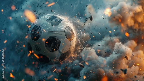 Soccer ball caught mid-flight during an intense match, showcasing the energy and excitement of the game. photo