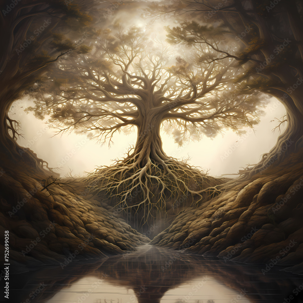 Eternal Roots Tree Ancient tree with roots extending into a parallel universe Stock ...
