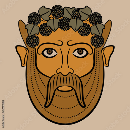 Etruscan mask of god Bacchus. Antique god of wine. Bearded horned male face wearing grape wreath.