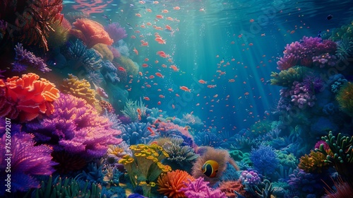 the vibrant marine life thriving in a colorful coral reef beneath the crystal-clear waters of the sea.
