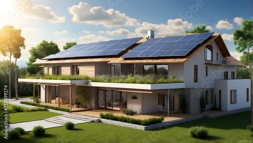 Eco-engineering solar power systems on house roofs for sustainable living environments Generative AI © Haroon