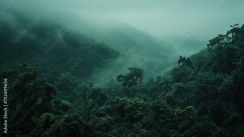 analogue still high angle shot of a foggy rain forest landscape analogue still high angle shot of a foggy rain forest landscape