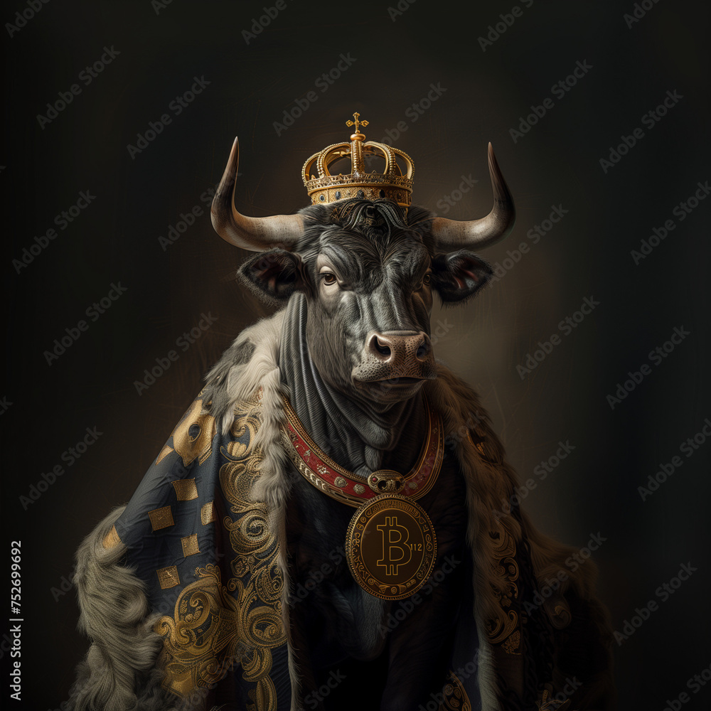 a bull dressed as an king, wearing bitcoin necklace