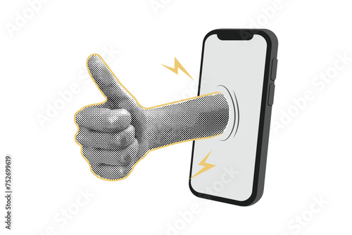 Trendy halftone collage. A thumbs up. A gesture of the hand. A thumbs up or a like sign.Customer evaluation. Customer feedback evaluation.Abstract template.