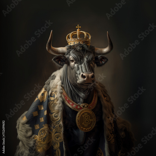 a bull dressed as an king, wearing bitcoin necklace