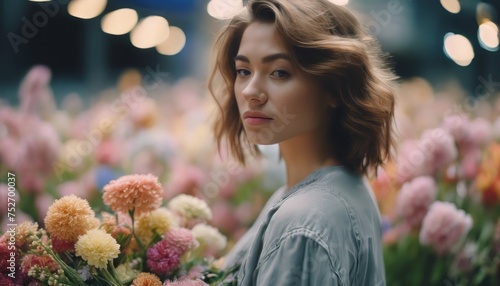 view of Woman standing with flowers bouquet image background