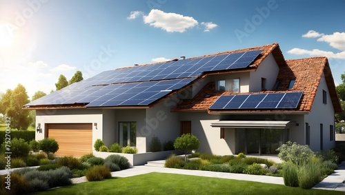 Harnessing the sun's power Solar photovoltaic panels on roofs for green home energy Generative AI © Haroon