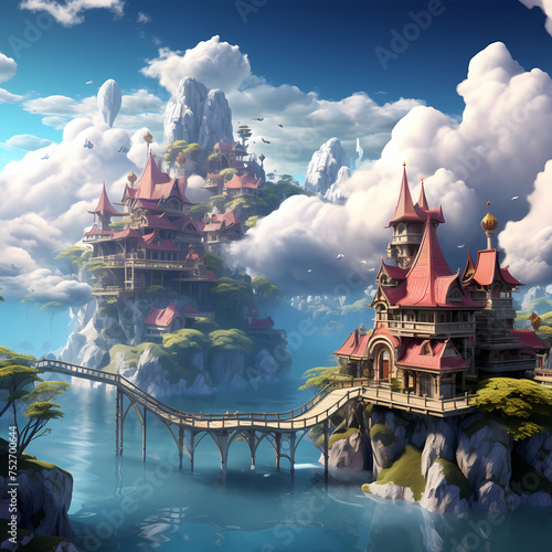 Fantasy village in the clouds with floating houses