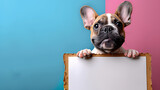Wide smiling Bulldog puppy holding blank chalkboard on isolated pastel color background.