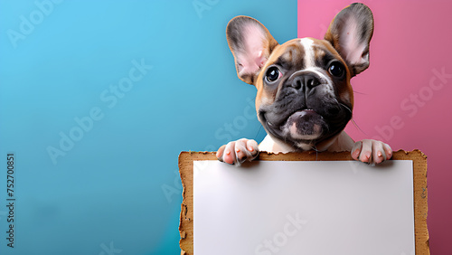 Wide smiling Bulldog puppy holding blank chalkboard on isolated pastel color background. photo