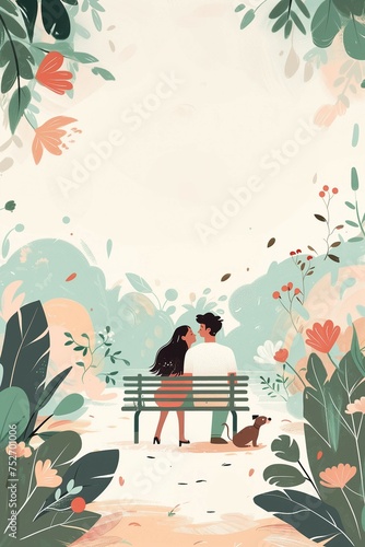 Flat illustration of a young couple relaxing on a park bench with their dog at their feet photo