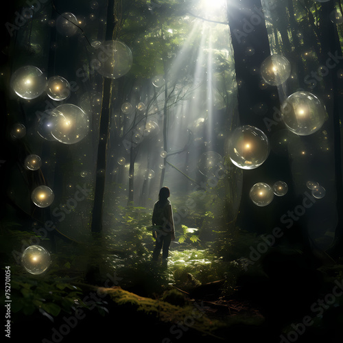 Floating orbs of light guiding a traveler through a jungle