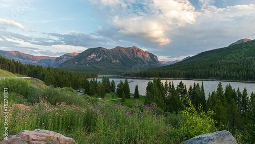 Hyalite Reservoir And Mountain Landscape At Sunset Near Bozeman In Montana. timelapse photo