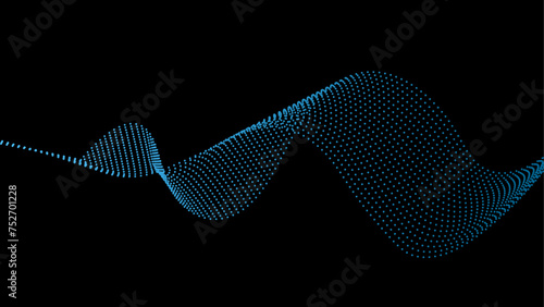 Flowing dots particles wave pattern 3D curve halftone blue gradient curve shape isolated on black background. Vector in concept of technology, science, music, modern. vector illustration