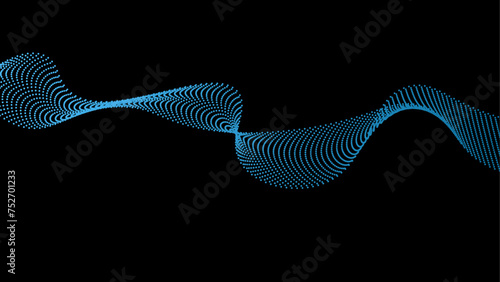 Flowing dots particles wave pattern 3D curve halftone blue gradient curve shape isolated on black background. Vector in concept of technology, science, music, modern. vector illustration