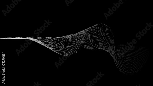 Abstract halftone flowing wavy dots shape isolated on black background. Flowing dot particles wave pattern halftone black smooth curve shape isolated on black background. vector illustration