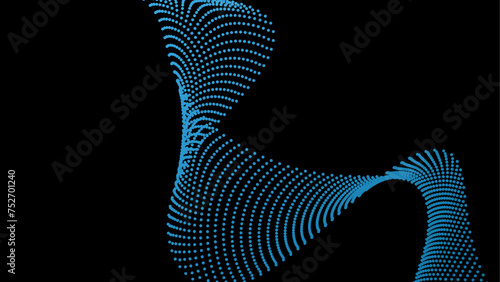 Flowing dots particles wave pattern 3D curve halftone blue gradient curve shape isolated on black background. Vector in concept of technology, science, music, modern. vector illustration
