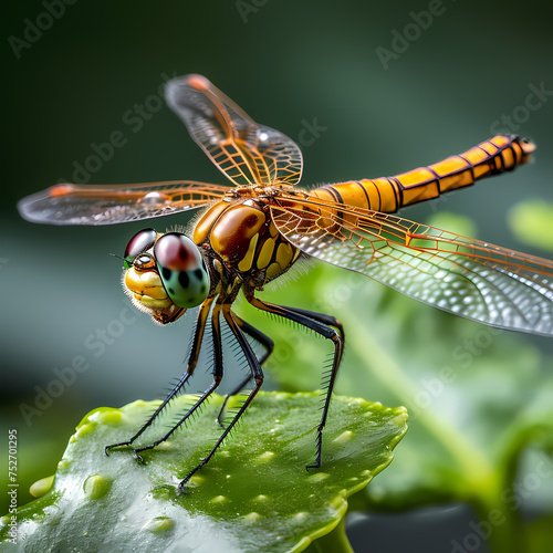 Macro shot of a dragonfly perched on a leaf. © Cao