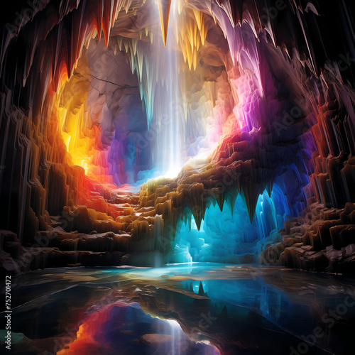 Rainbow-colored waterfall in a crystalline cave © Cao