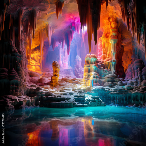 Rainbow-colored waterfall in a crystalline cave